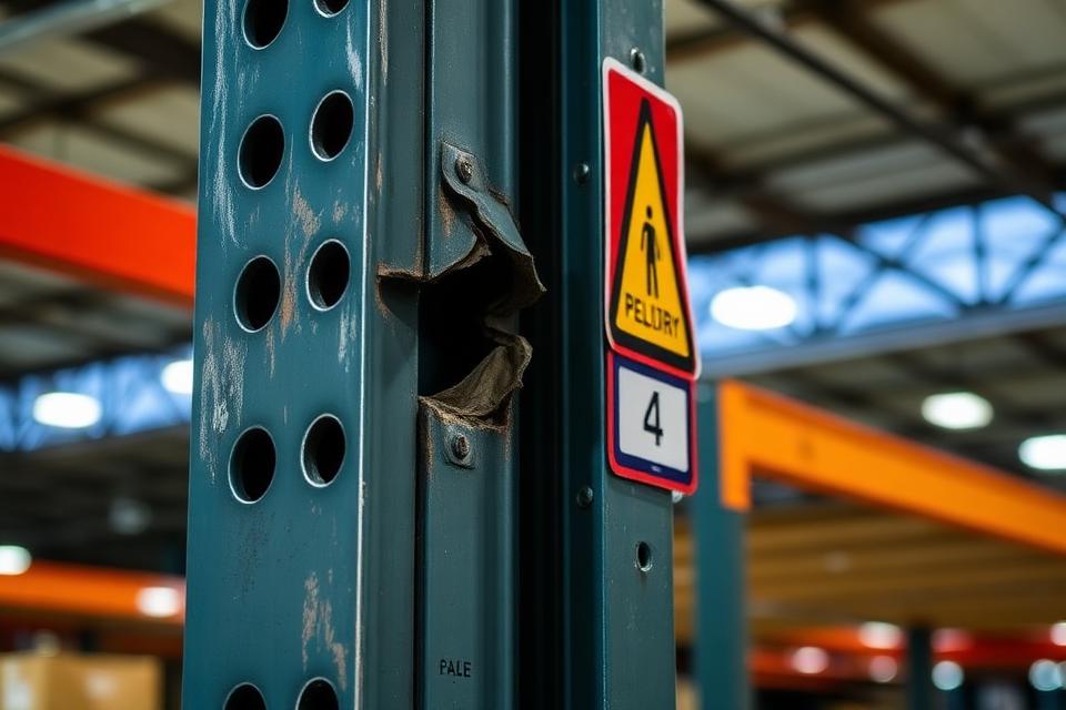 Close-up of damaged pallet racking upright column from forklift impact