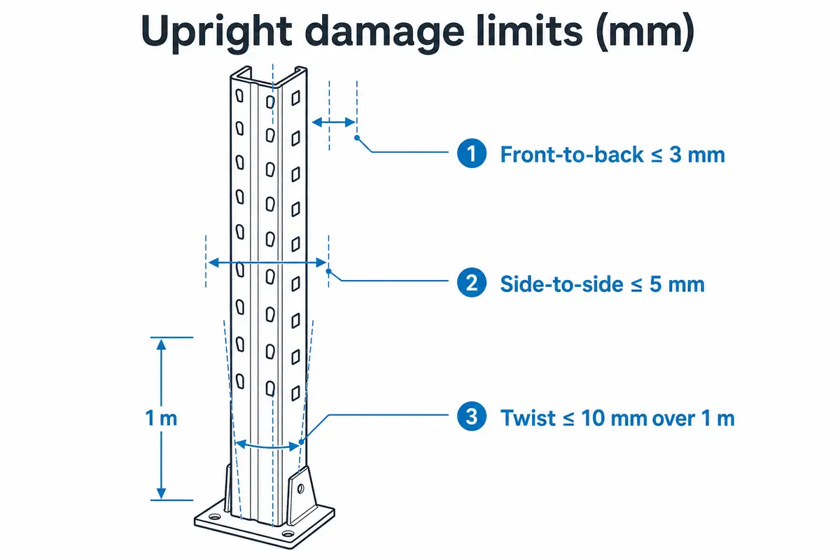 Technical diagram showing the three upright damage limits under AS 4084:2023 — 3 mm front-to-back, 5 mm side-to-side and 10 mm twist over 1 metre
