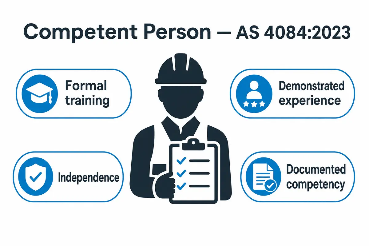Infographic showing the four traits of an AS 4084 competent person: formal training, demonstrated experience, independence and documented competency