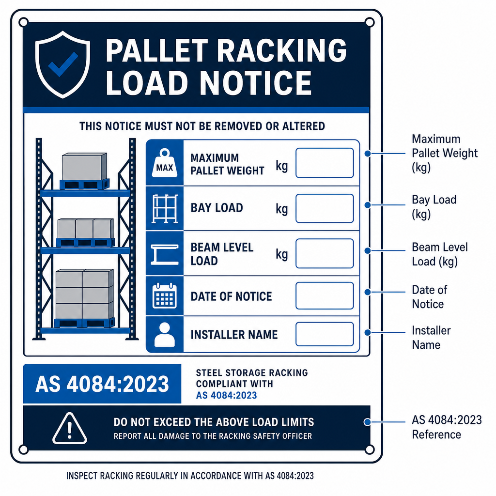 Diagram of a compliant Australian pallet racking load notice with fields for maximum pallet weight, bay load, beam level load, date of notice, installer name and AS 4084:2023 reference