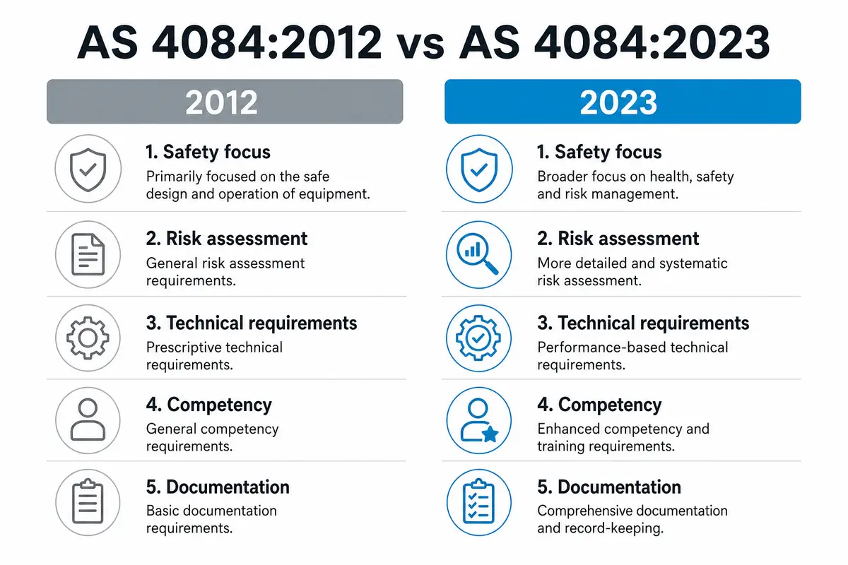 Side-by-side infographic comparing AS 4084:2012 and AS 4084:2023 across safety focus, risk assessment, technical requirements, competency and documentation