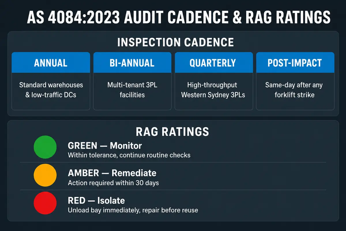 AS 4084:2023 audit cadence and RAG ratings — annual, bi-annual, quarterly and post-impact inspection cadences with Green, Amber and Red action thresholds
