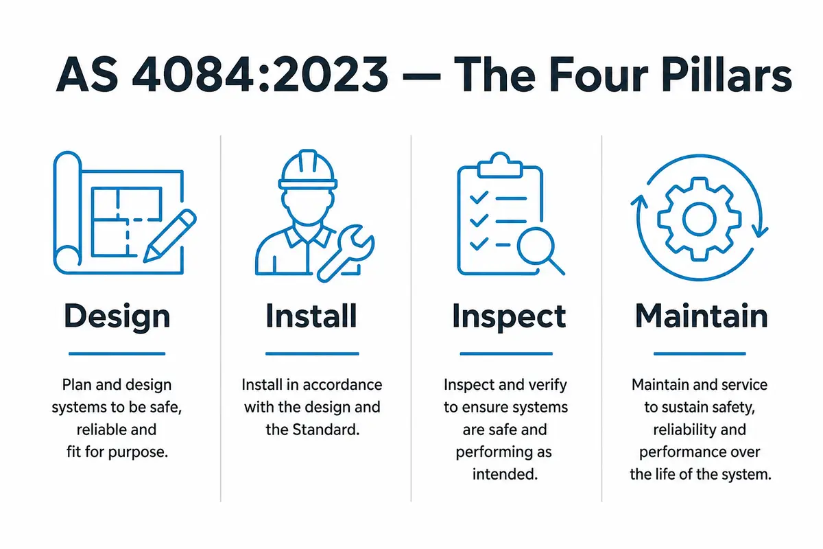 Infographic showing the four pillars of AS 4084:2023 — Design, Install, Inspect and Maintain