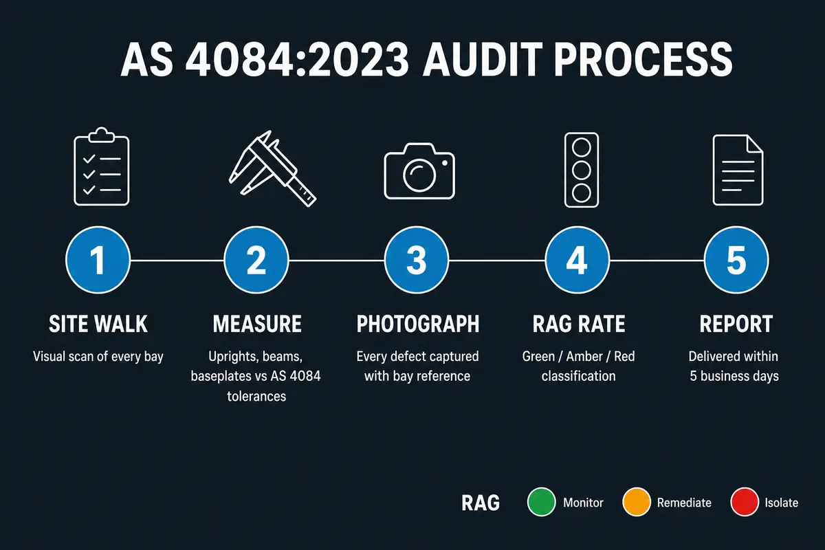AS 4084 audit inspection process — inspector measuring racking uprights, capturing photographic evidence and applying RAG ratings