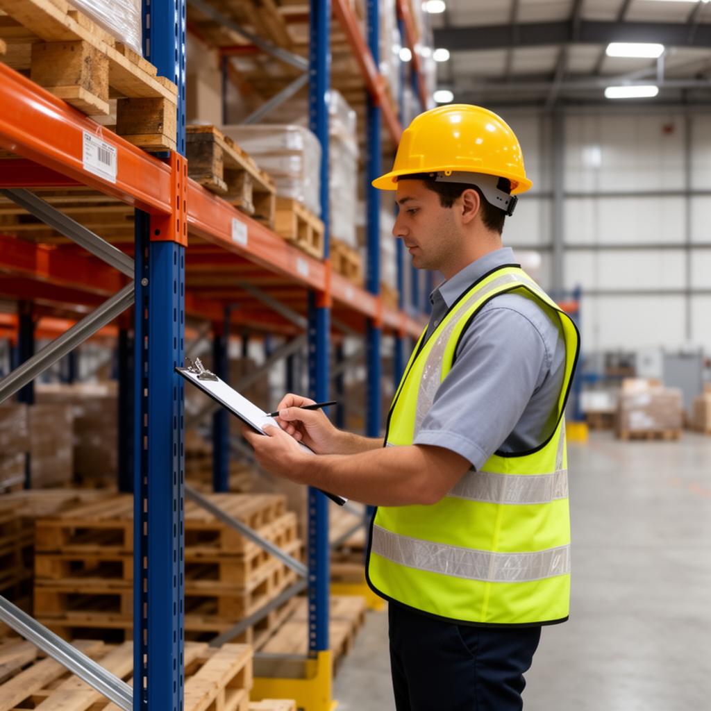 Warehouse safety inspector examining pallet racking