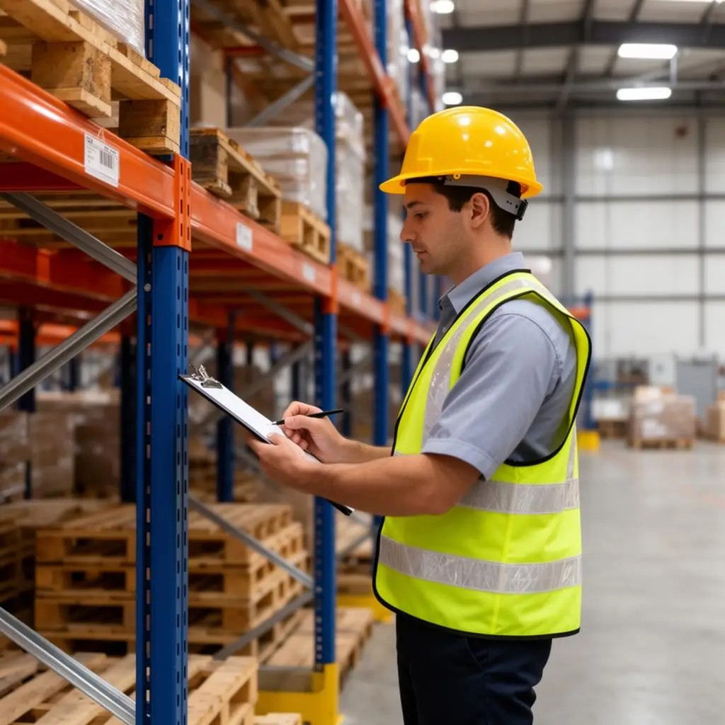 Warehouse safety inspector examining pallet racking