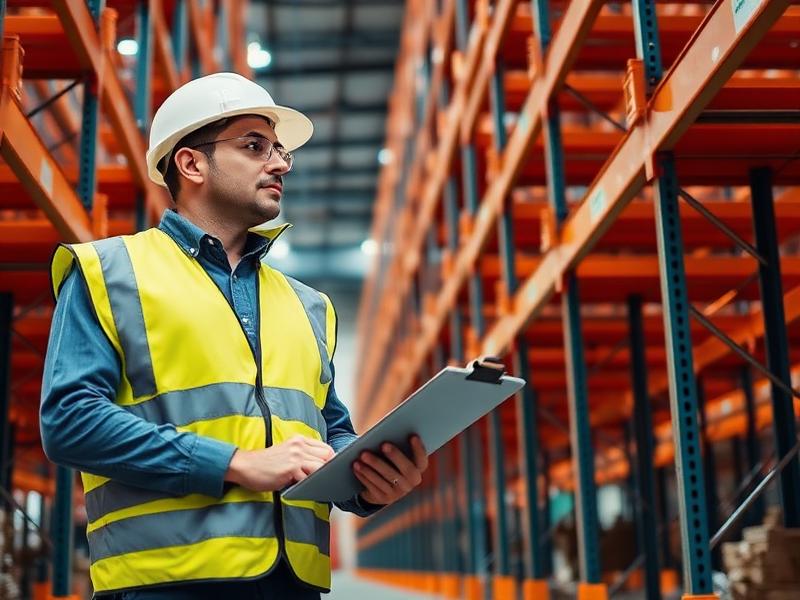 Inspector examining pallet racking during safety audit