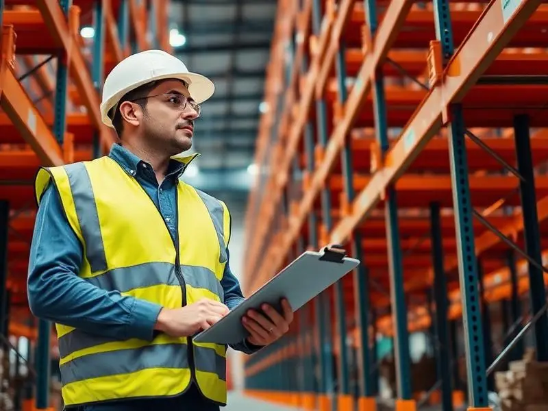 Inspector examining pallet racking during safety audit