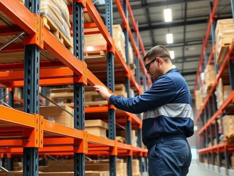 Worker performing maintenance on warehouse racking