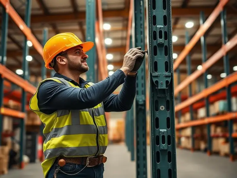 Technician repairing damaged pallet racking upright