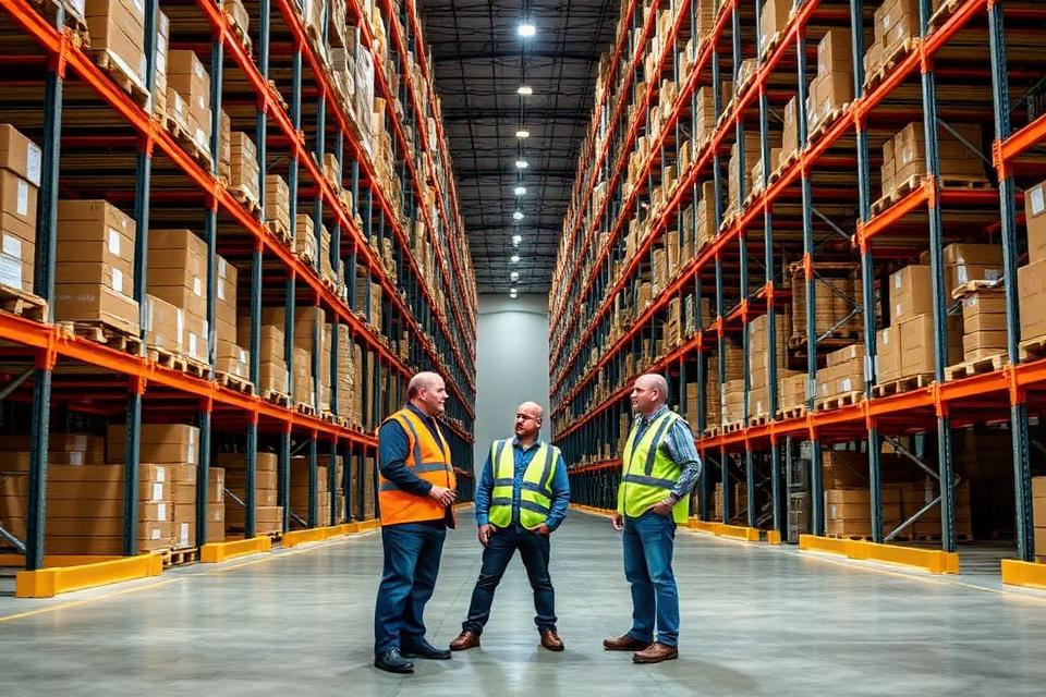 Warehouse team preparing for a racking audit with clear aisles